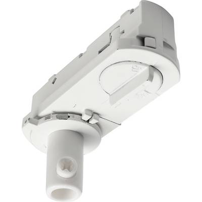 Un mécanisme en plastique blanc, probablement une partie d'un support ou d'un dispositif de fermeture, avec des pièces mobiles et un trou de vis.