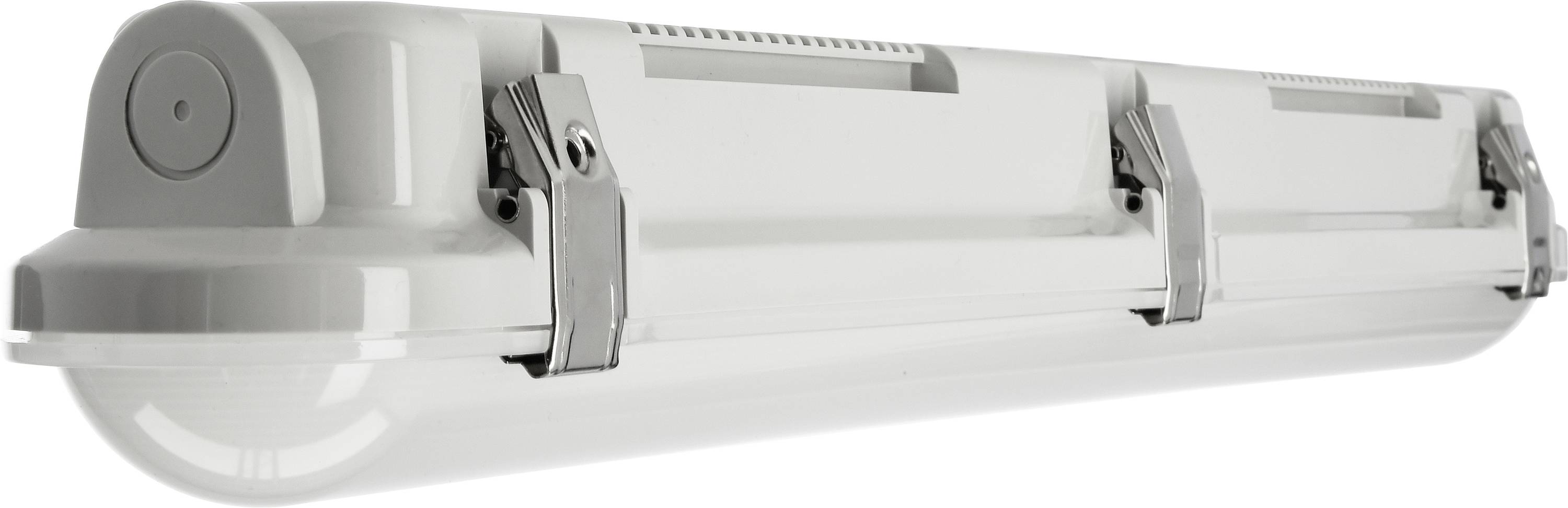 Lampe industrielle de forme oblongue avec trois pinces métalliques grises. Idéale pour les applications commerciales et les grands halls.