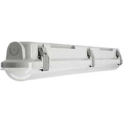 Boîtier de luminaire LED gris, de forme oblongue, avec plusieurs supports, vue de côté.