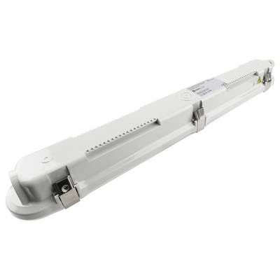 Un boîtier LED linéaire blanc avec des attaches métalliques montées, adapté aux applications d'éclairage industrielles ou commerciales.
