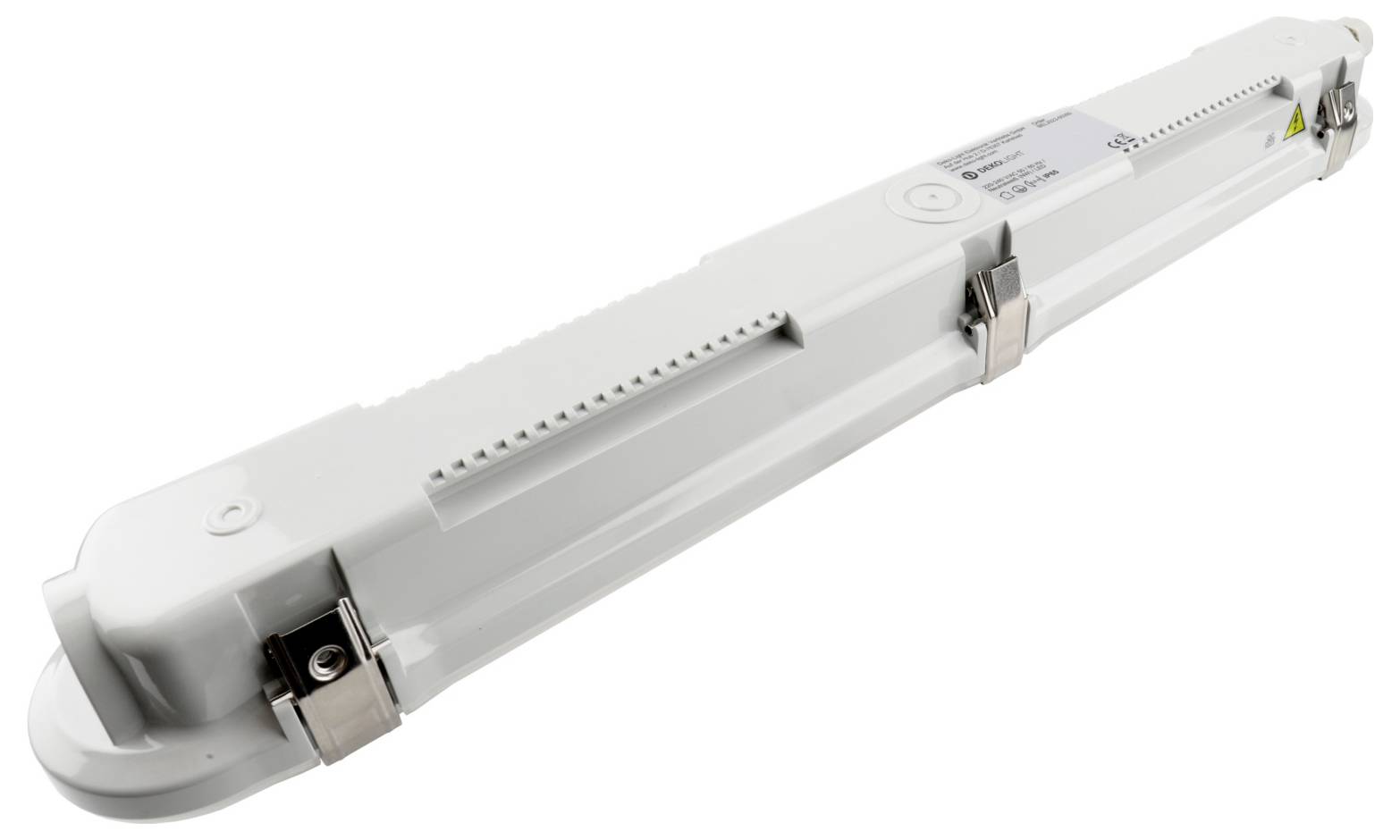 Luminaire LED linéaire long et blanc, doté de clips métalliques et d'embouts, présenté sur fond blanc.