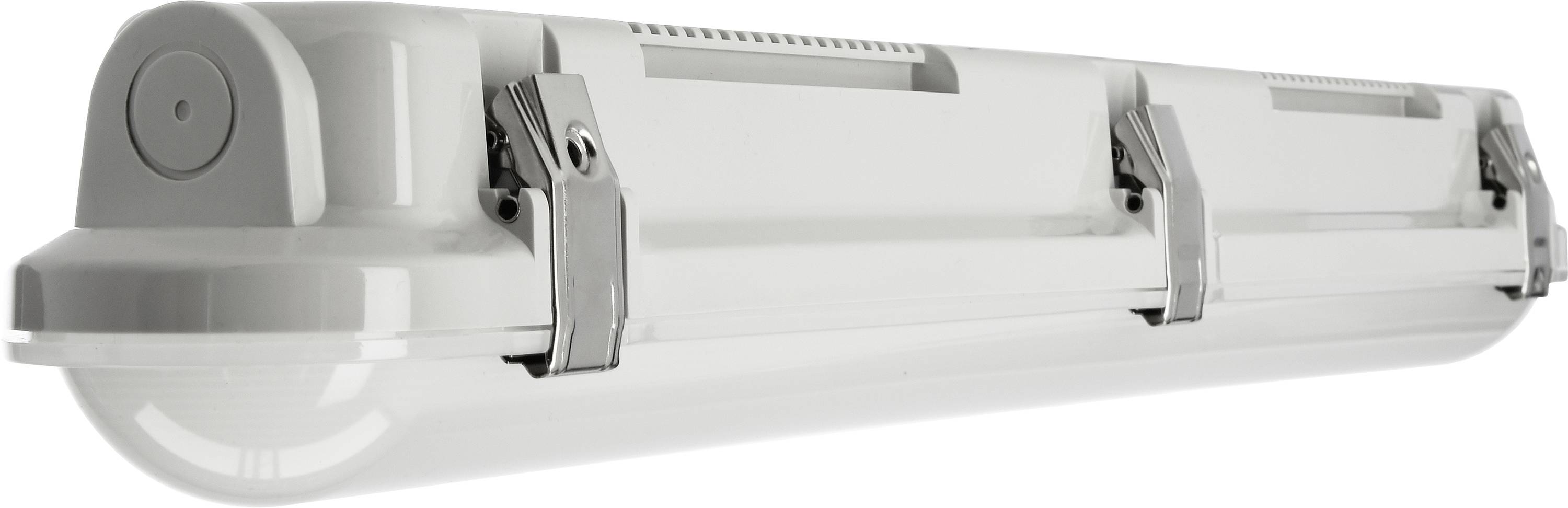 Un boîtier LED rectangulaire blanc avec deux attaches métalliques pour la fixation. Il paraît robuste et fonctionnel, adapté à l'éclairage industriel.