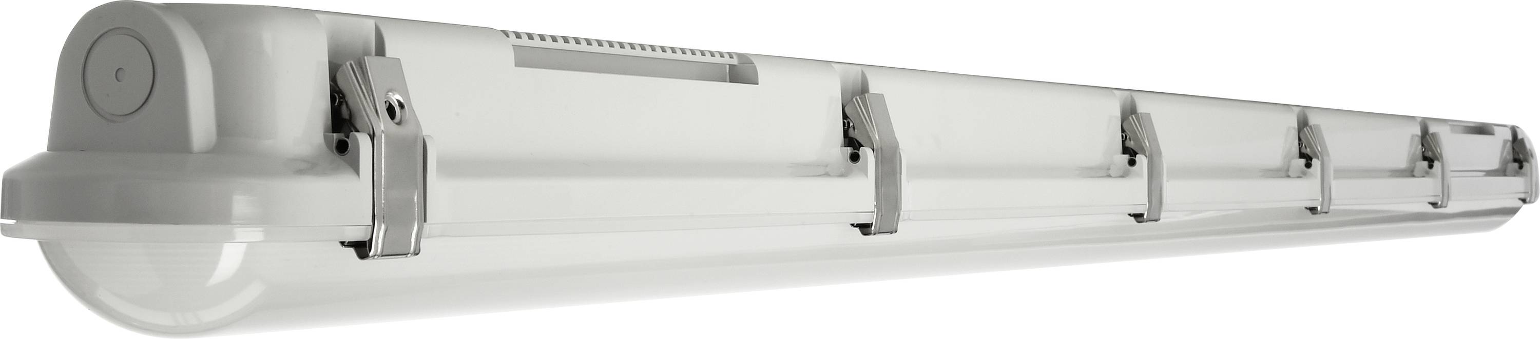 Lampe grise et longue avec plusieurs clips métalliques pour la fixation. Elle est principalement utilisée dans des environnements industriels ou commerciaux.