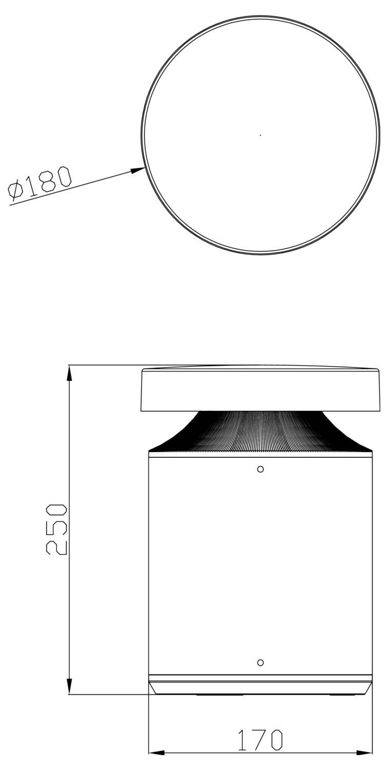 Dessin technique d'un objet cylindrique : la vue de dessus montre un cercle de 180 mm de diamètre ; la vue de côté indique une hauteur de 250 mm et une largeur de 170 mm.