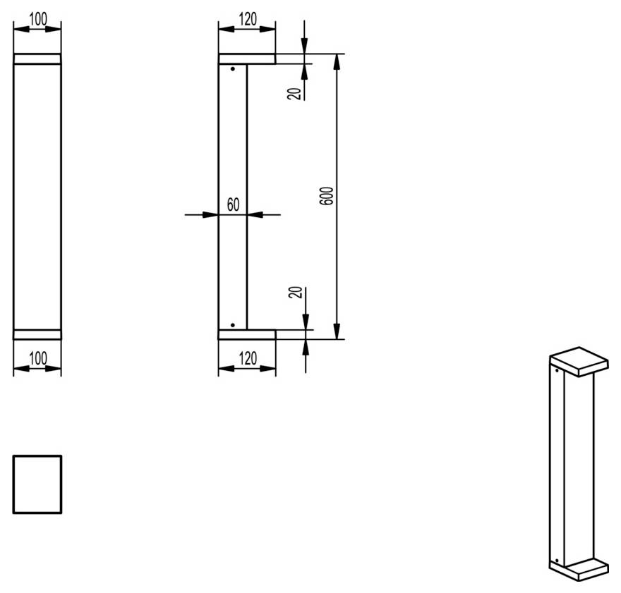 Dessin technique d'un poteau ou d'une poutre rectangulaire étroit, présentant les vues de face et de côté avec les cotes 100, 120, 60 et 600, ainsi qu'une petite vue isométrique.