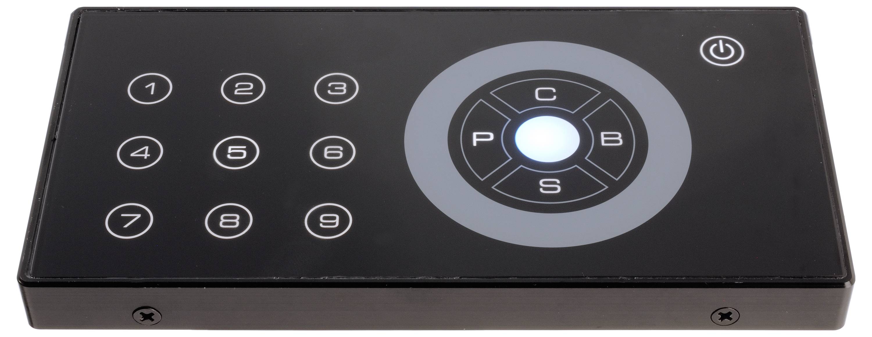 Télécommande noire avec neuf touches à gauche et un élément de commande circulaire à centre lumineux sur la droite.