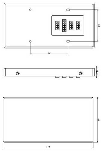 Dessin technique d'un appareil rectangulaire comportant quatre affichages numériques sur sa face supérieure. Dimensions : 172 x 98 x 33 mm.