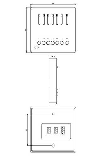 Dessin technique d'un dispositif rectangulaire avec vues de face, de côté et arrière. La face avant présente des interrupteurs et des boutons.