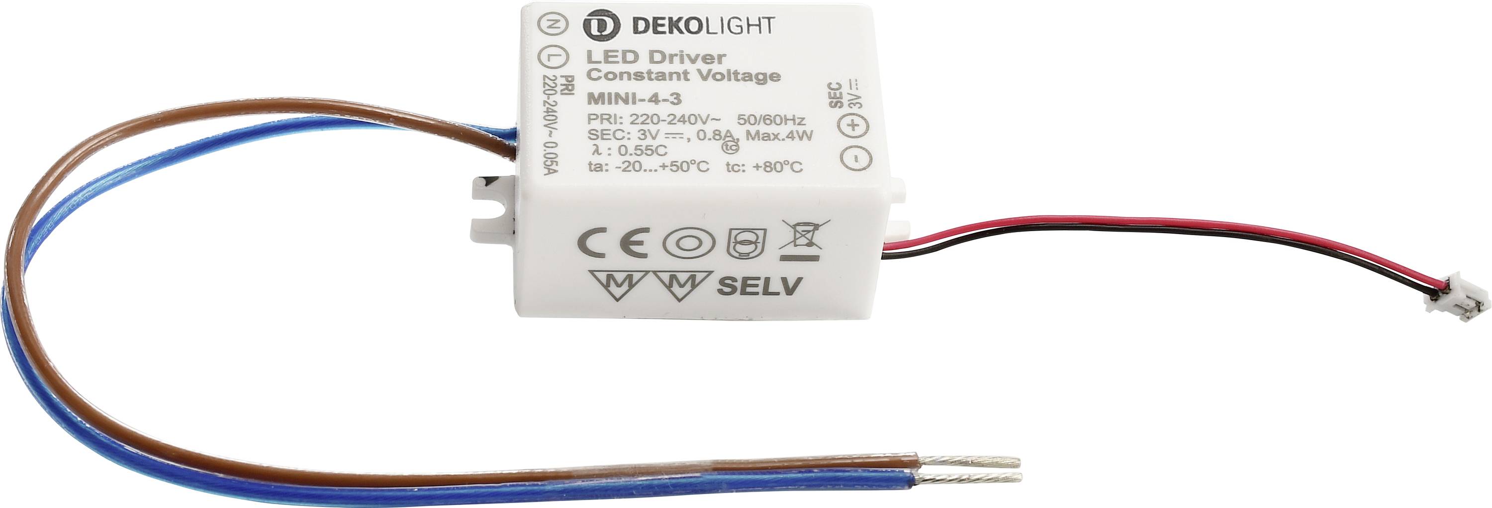 Pilote LED blanc 'DEKOLIGHT' avec plage de tension constante de 220-240V, modèle MINI-4-3. Affiche les certifications et marquages CE.