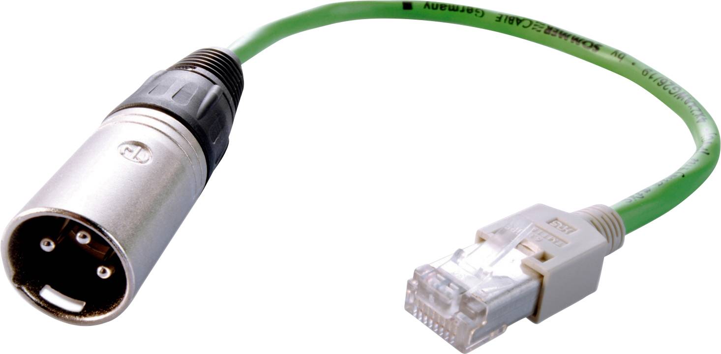 Un câble avec une fiche XLR d'un côté et une fiche RJ45 de l'autre, adapté aux applications audio et réseau.