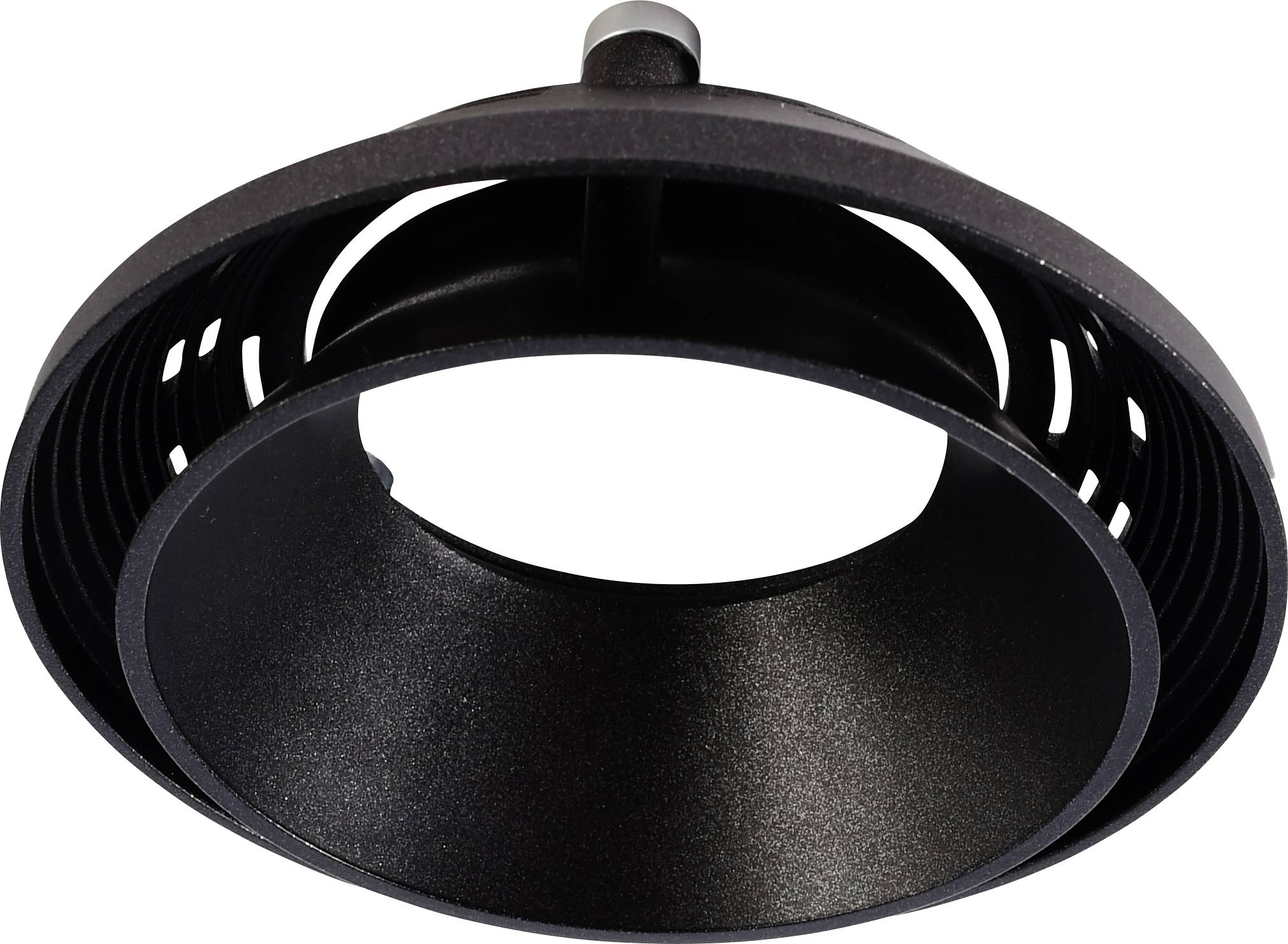 Support métallique noir et rond, probablement partie d'un système d'éclairage, doté de plusieurs fentes sur les côtés pour la ventilation.