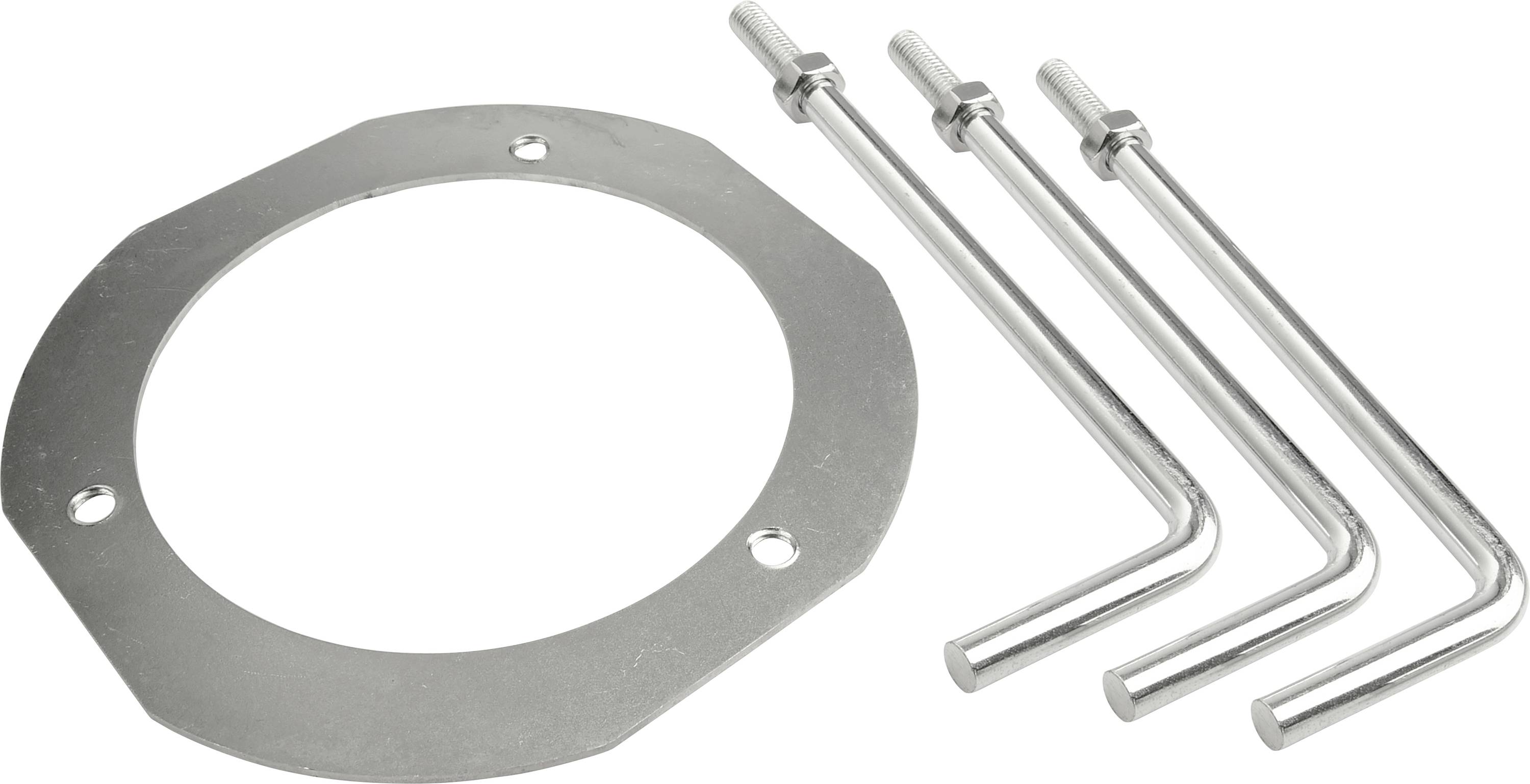Anneau métallique avec trois boulons pliés en forme de L, probablement partie d'un kit de montage ou de fixation.