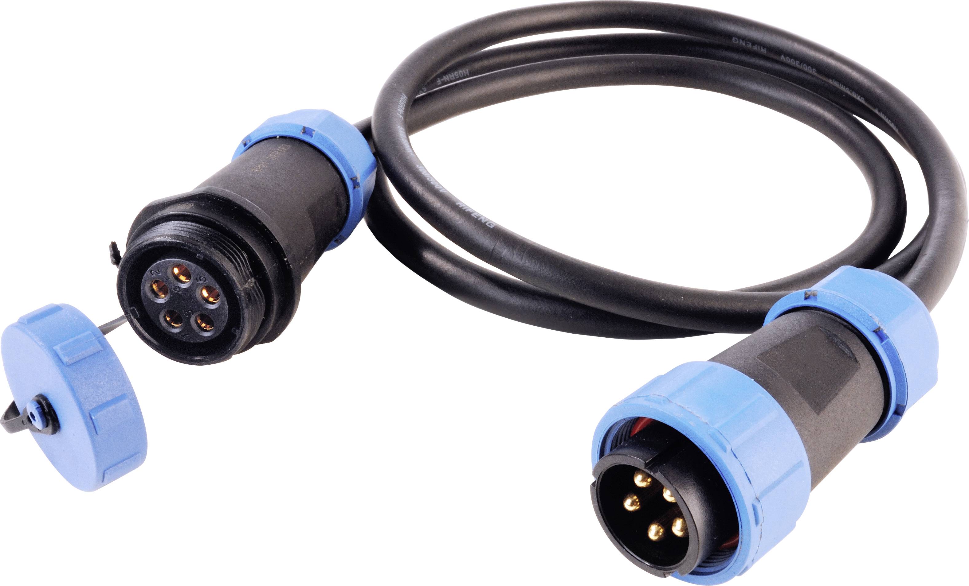 Un câble noir avec deux connecteurs à 5 broches, entourés de capuchons de protection bleus, montre un système de connexion.