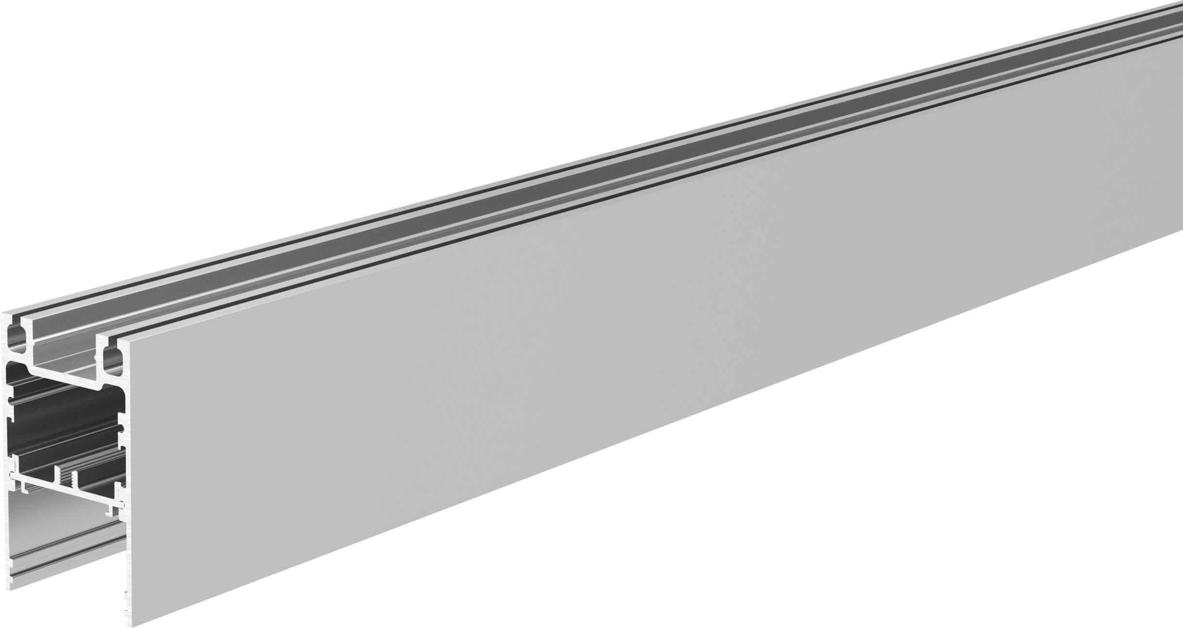 Un profilé en aluminium argenté en forme de U, pouvant être utilisé comme rail de montage ou système de fixation.