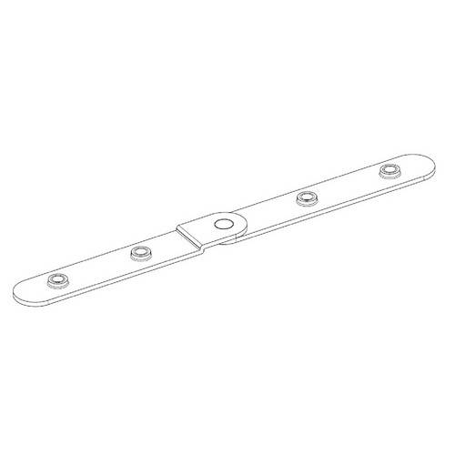 Un dessin schématique d'une entretoise métallique plate avec cinq trous de fixation.