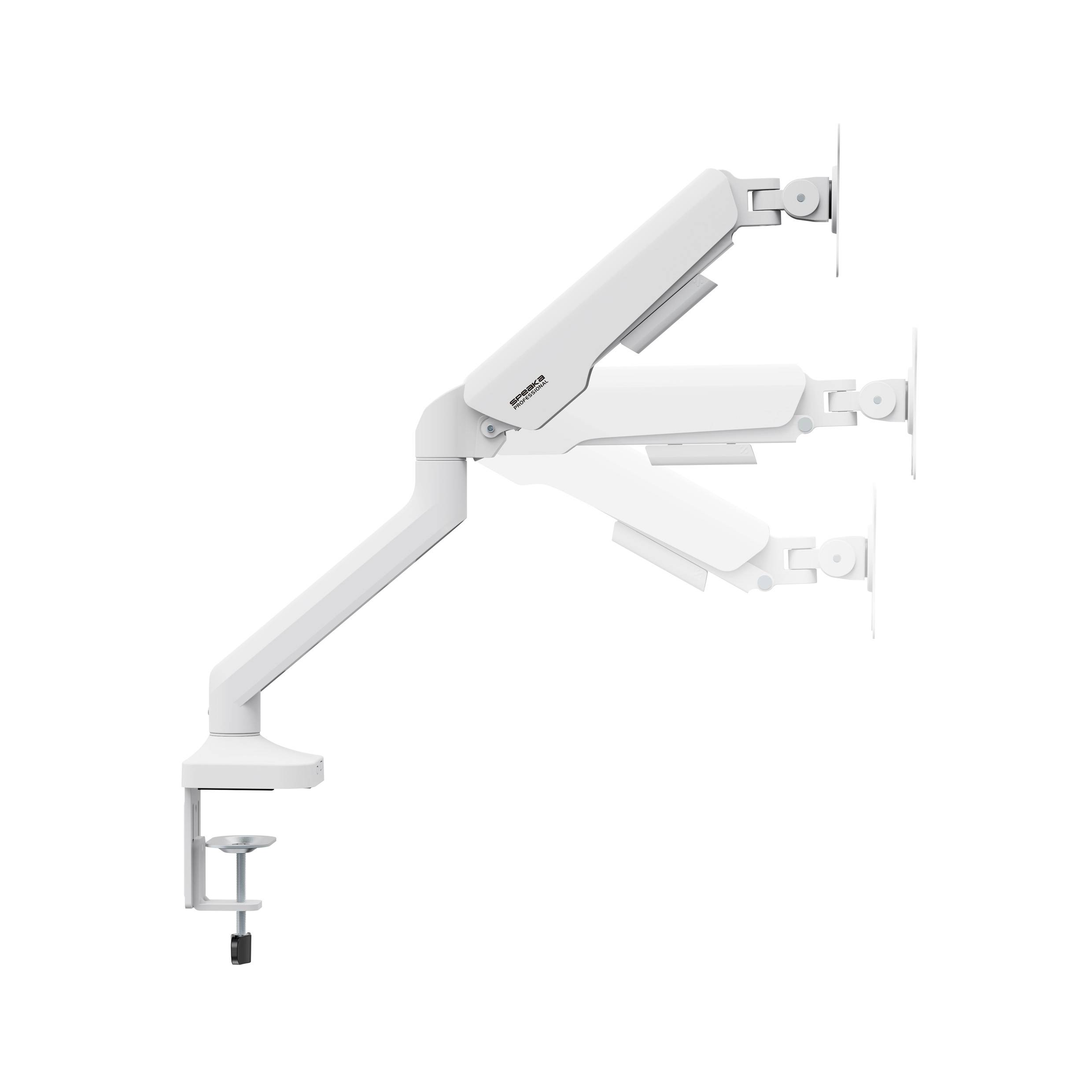 Un bras de moniteur blanc, réglable, à plusieurs articulations, conçu pour être fixé au bord d'un bureau. Idéal pour les postes de travail ergonomiques.