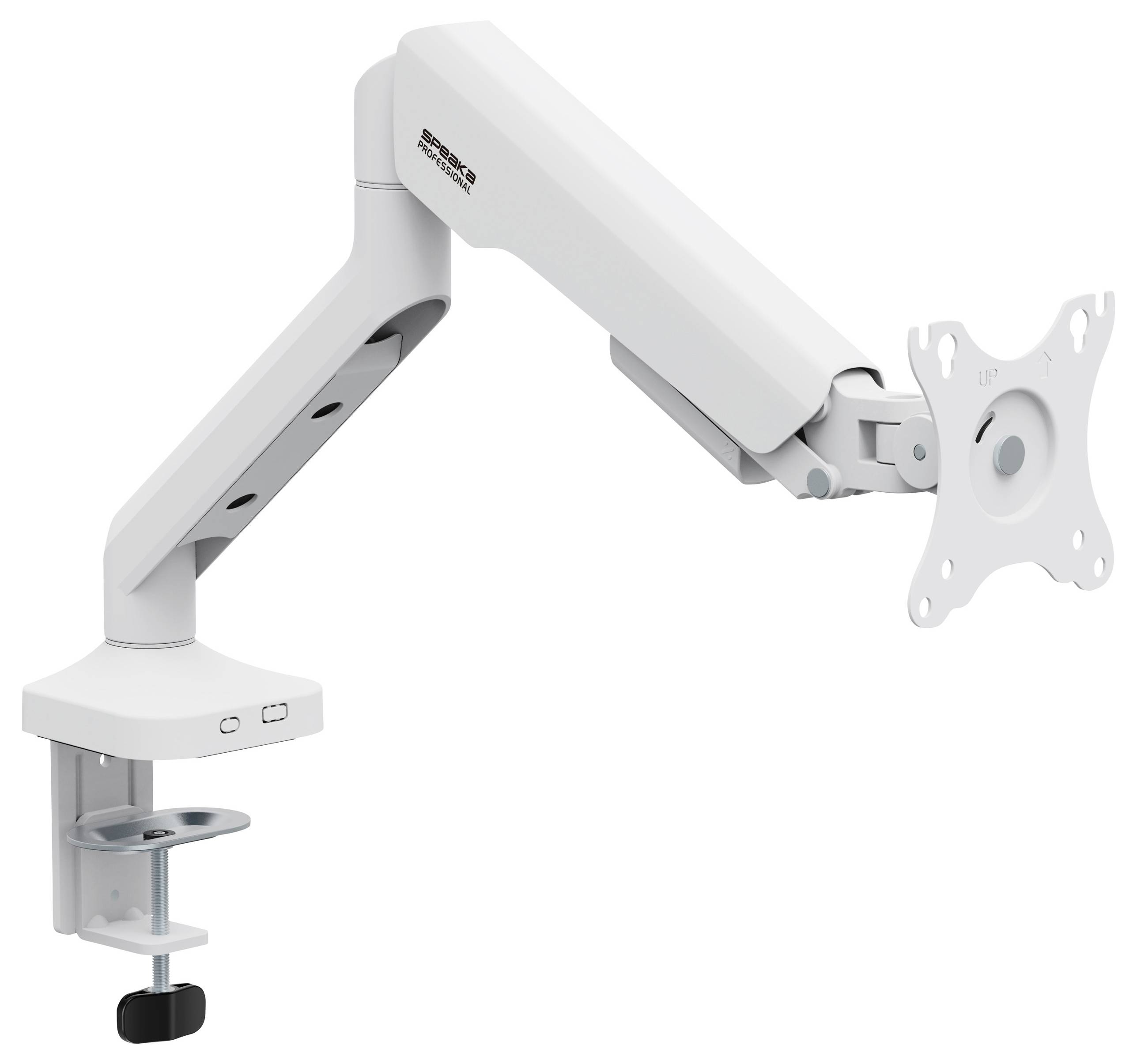 Un bras de moniteur blanc en métal avec un support VESA fixé à une table. Il est pivotant et offre une flexibilité pour le positionnement de l'écran.