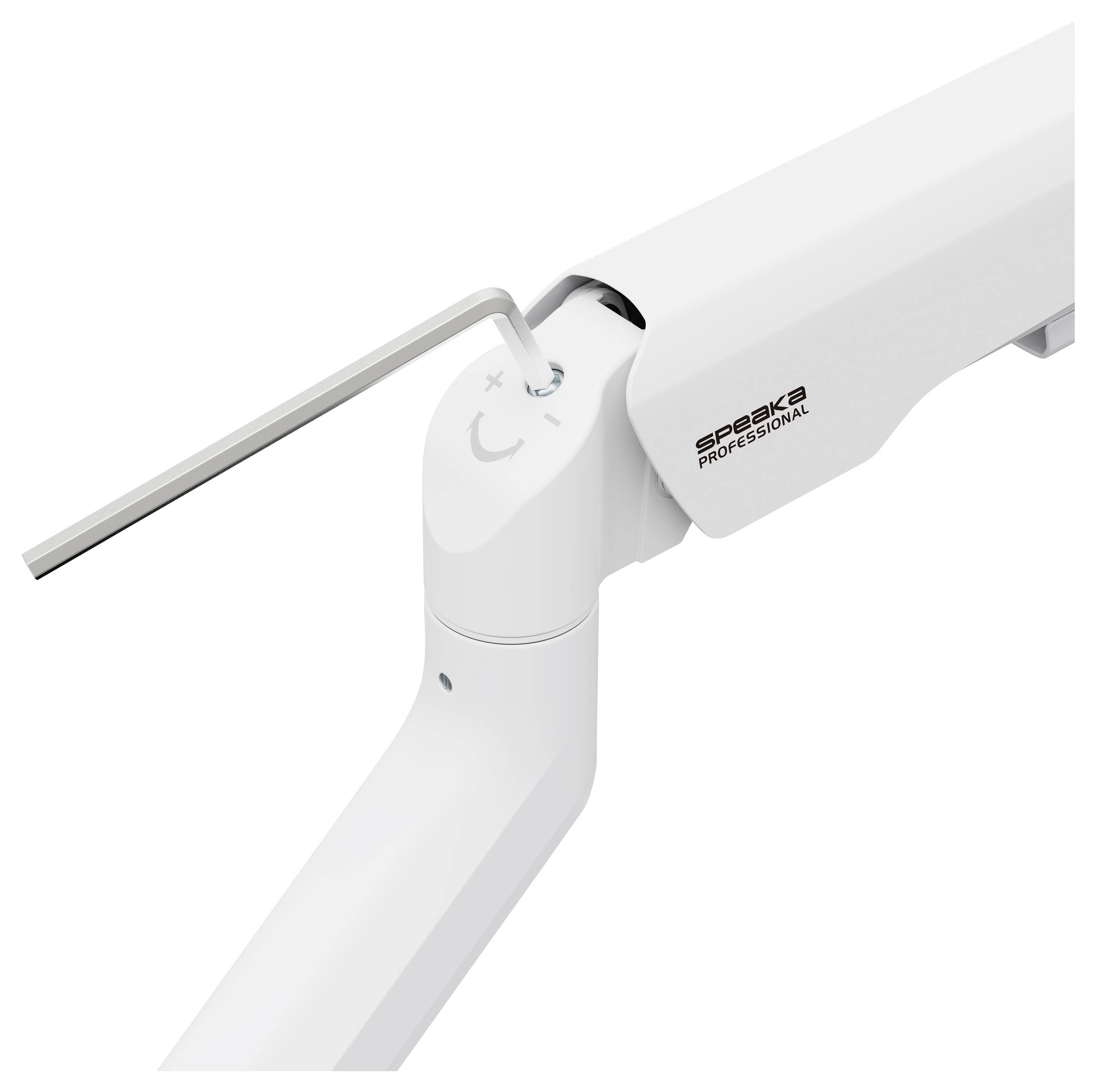 Un bras de microphone blanc et ajustable avec une clé à molette servant à la fixation.