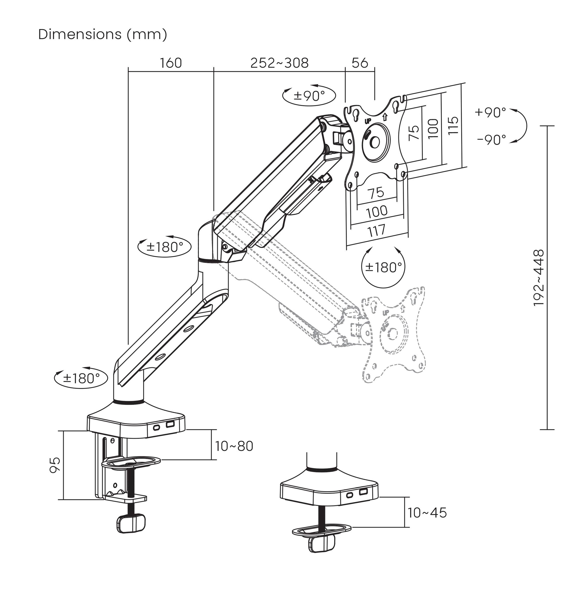 'Notice de montage pour support de moniteur montrant l'adaptabilité et les dimensions en millimètres. Les articulations sont pivotantes à 180 degrés, la hauteur et l'inclinaison sont réglables.'