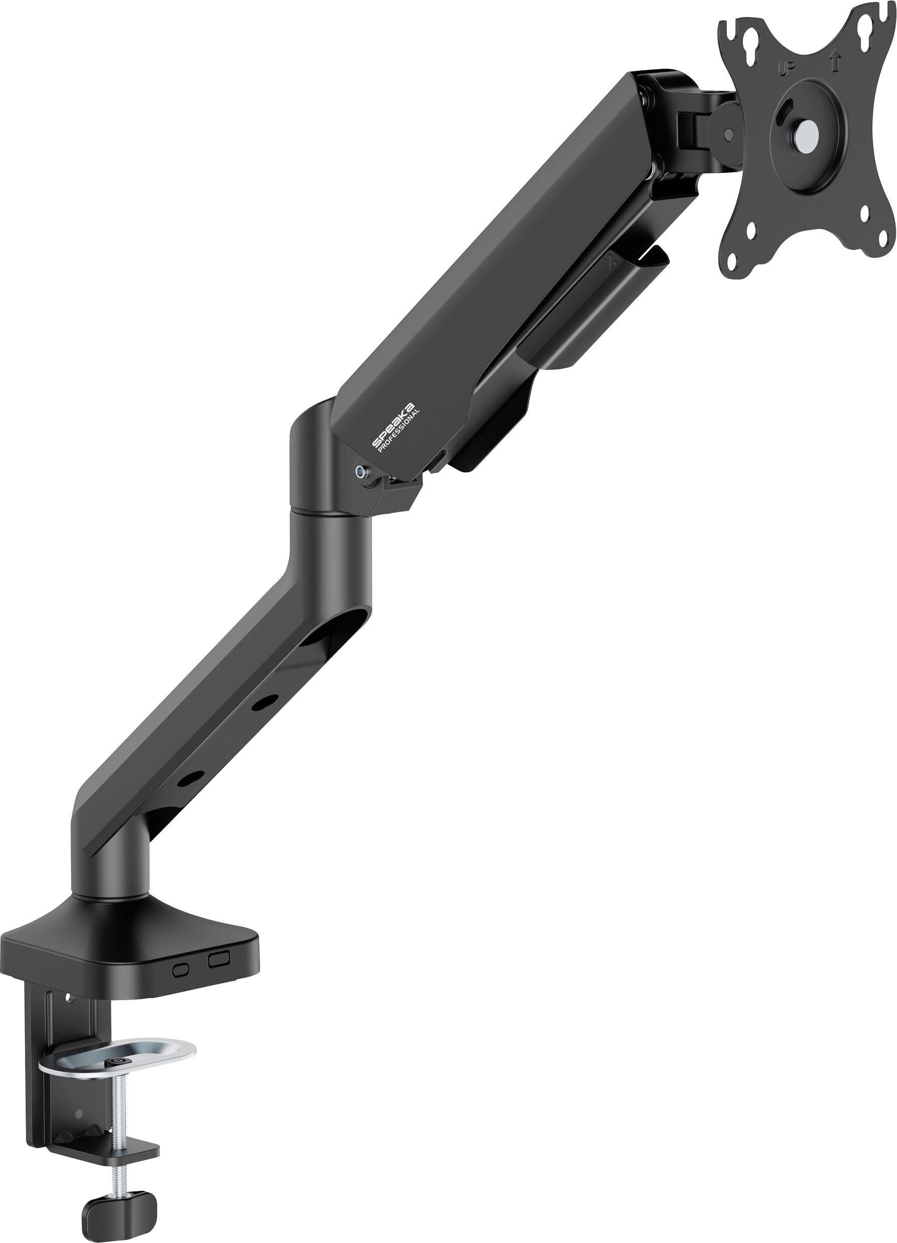 Un bras de moniteur noir avec pince de fixation pour se fixer à une table, permettant un positionnement flexible et ergonomique d'un écran.