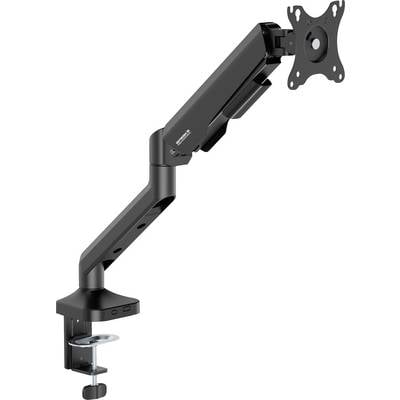 Un bras de moniteur noir avec pince de fixation pour se fixer à une table, permettant un positionnement flexible et ergonomique d'un écran.