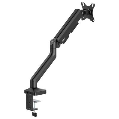 Un bras de moniteur noir réglable avec pince de fixation pour bureau, conçu pour installer un écran. Idéal pour un positionnement flexible de l'écran.