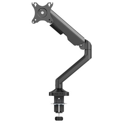 Un bras de moniteur noir avec articulation réglable, fixé à un plateau de bureau. Adapté pour un positionnement flexible de l'écran.