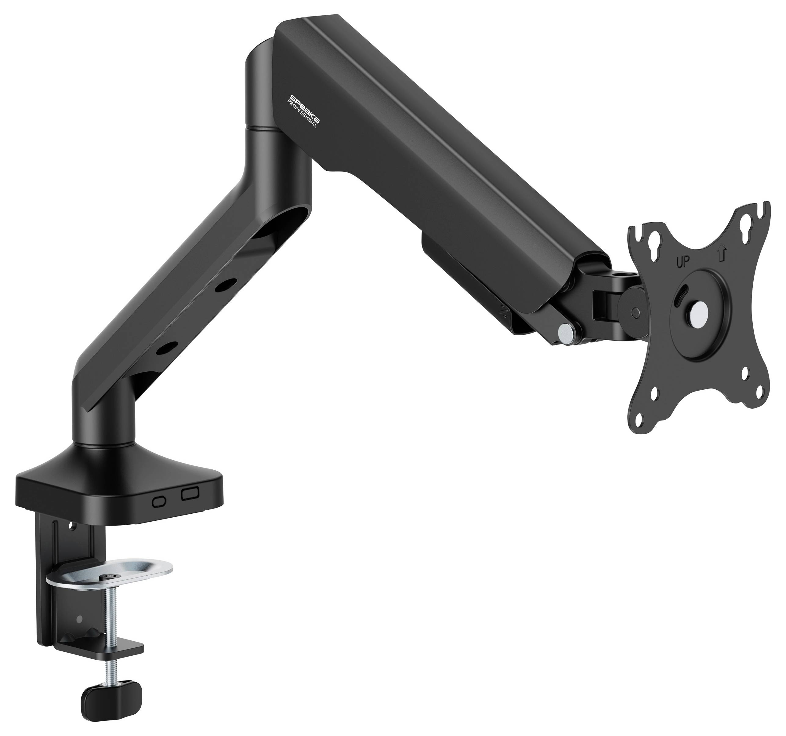 Un bras de moniteur noir avec articulation réglable, destiné à fixer un écran sur un bureau, avec fixation par pince.