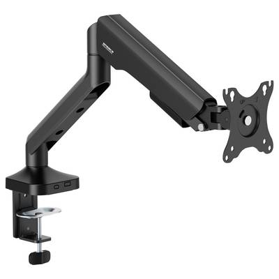 Un bras de moniteur noir avec articulation réglable, destiné à fixer un écran sur un bureau, avec fixation par pince.