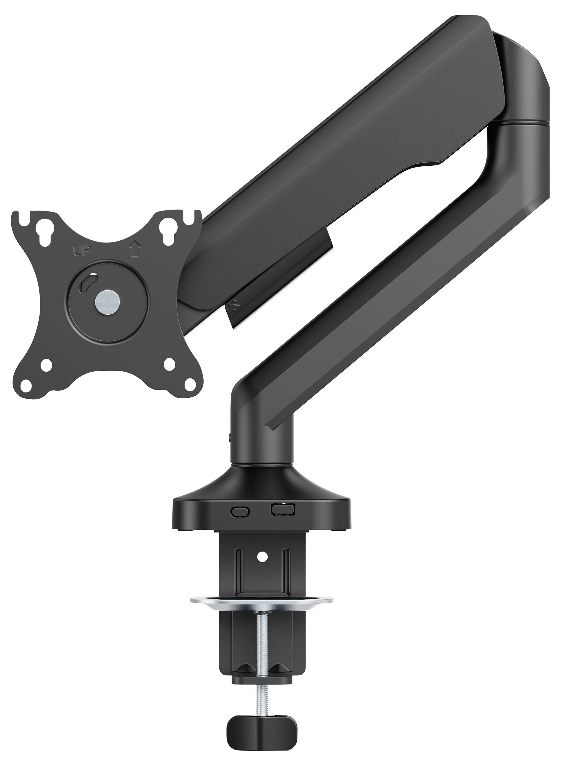 Un bras de moniteur noir avec pince de fixation pour bureau, réglable pour différentes positions, support compatible VESA, adapté aux tables de bureau.