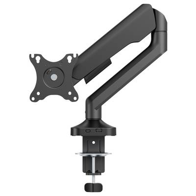 Un bras de moniteur noir avec pince de fixation pour bureau, réglable pour différentes positions, support compatible VESA, adapté aux tables de bureau.