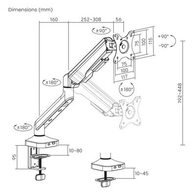 'Dessin technique d'un bras de moniteur réglable. Dimensions en mm : Longueur 252-308, Hauteur 192-448. Pivotant jusqu'à +180°/-180°.'