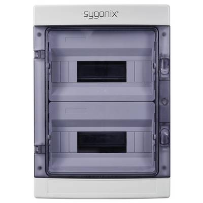 Un boîtier de fusibles gris avec un couvercle transparent et deux disjoncteurs à l'intérieur. Appareil de la marque Sygonix.