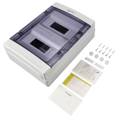 Boîtier de distribution électrique avec couvercle transparent, matériel de montage et instructions, placé sur un fond blanc.