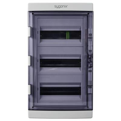 Boîtier de distribution électrique gris et blanc avec couvercle transparent, équipé de plusieurs interrupteurs et fusibles.