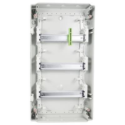 Boîte de raccordement en plastique avec boîtier gris. Contient des rails métalliques et une barrette de connexion verte au centre.
