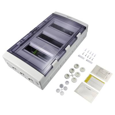 Un coffret de distribution avec un couvercle transparent, plusieurs ouvertures et des accessoires tels que des vis et des capuchons de protection à côté.