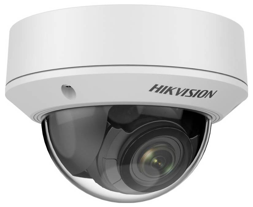 Caméra de surveillance avec boîtier dôme, portant l'inscription 'Hikvision', illustrant un design de sécurité moderne pour une surveillance intérieure ou extérieure.