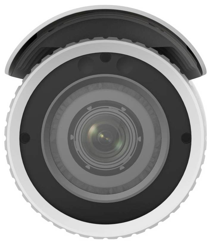 Caméra de surveillance, prise de face. Objectif central visible, entouré d'un boîtier de protection.