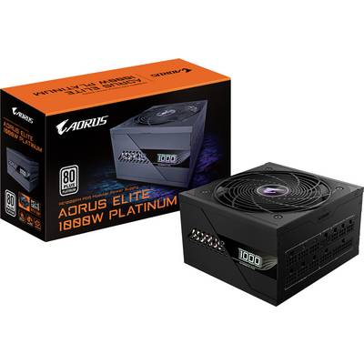 Bloc d'alimentation Aorus Elite 1000W Platinum à côté de son emballage. Certification 80 Plus Platinum, design modulaire, boîtier noir.