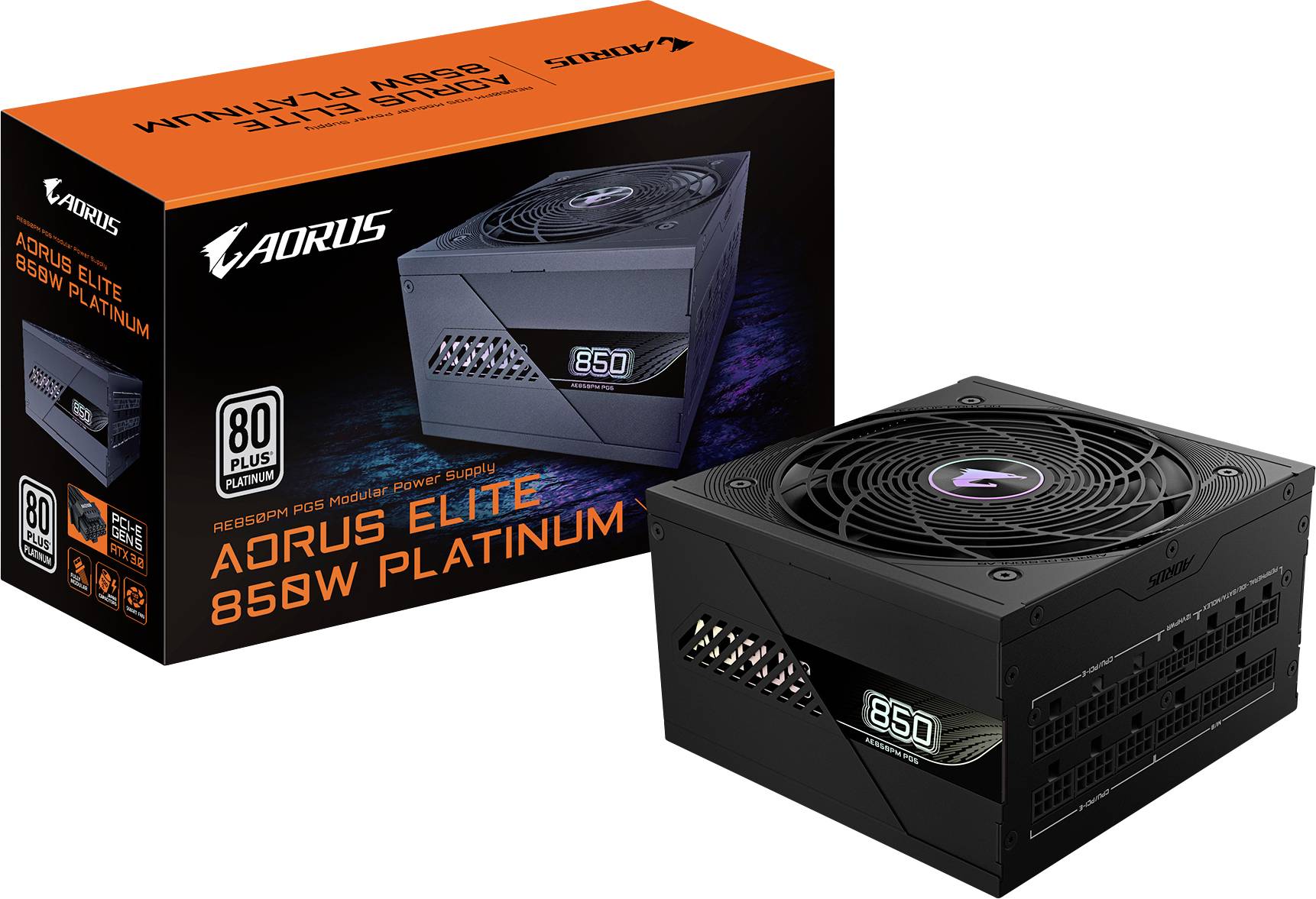 Modèle d'alimentation 'AORUS Elite 850W Platinum' à côté de son emballage. Certifié 80 Plus Platinum, ventilateur visible.
