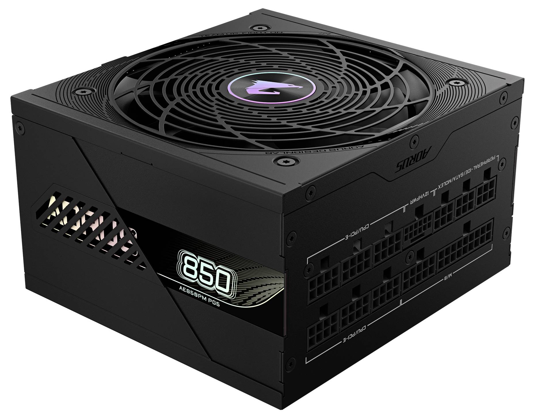 Un bloc d'alimentation noir pour ordinateur avec ventilateur et logo lumineux. Sur le côté, '850' est inscrit, indiquant la puissance en watts.