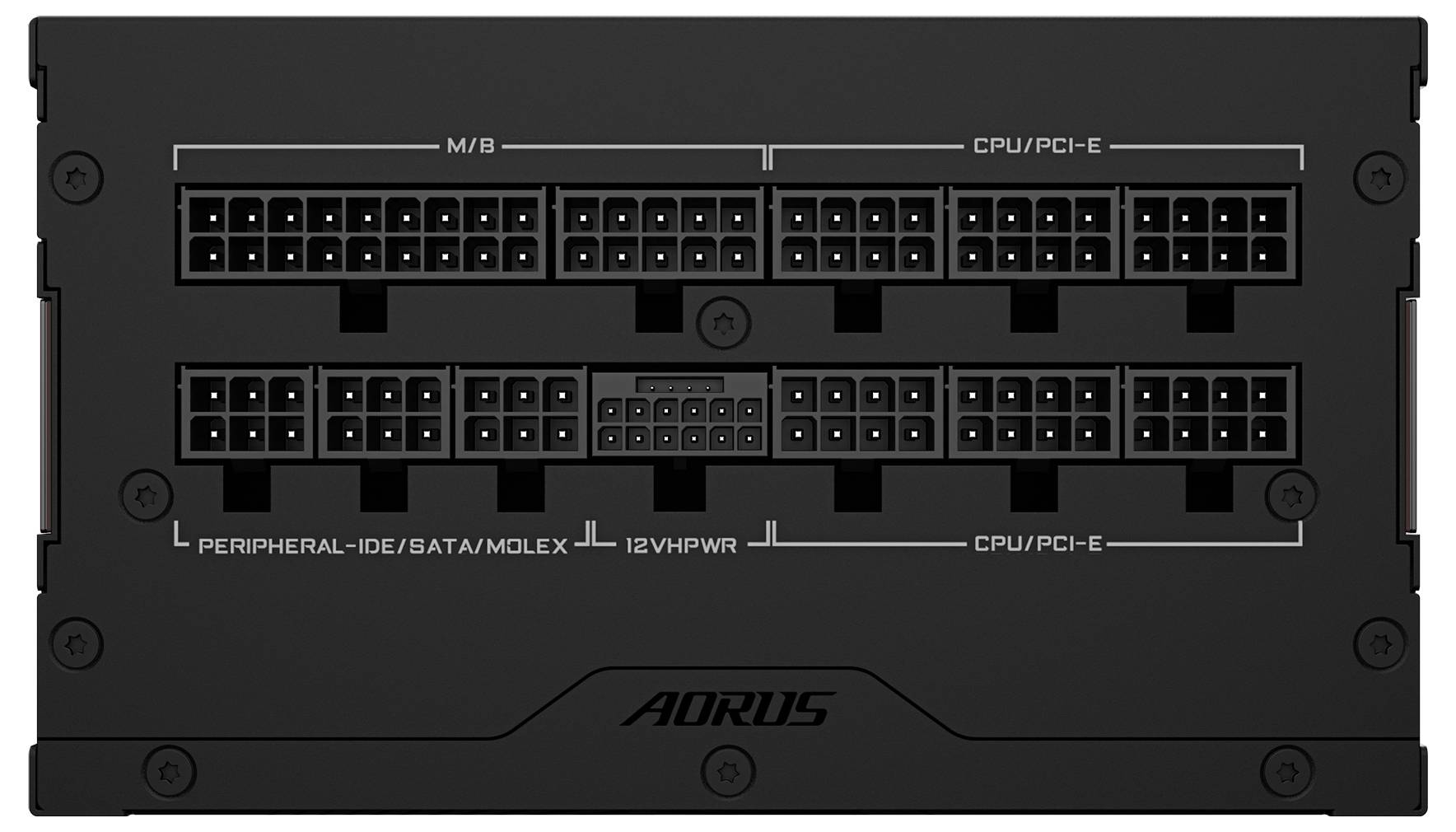 Arrière d'un bloc d'alimentation avec plusieurs connecteurs pour M/B, CPU/PCI-E, périphériques IDE/SATA/Molex et 12VHPWR, marqués et étiquetés.
