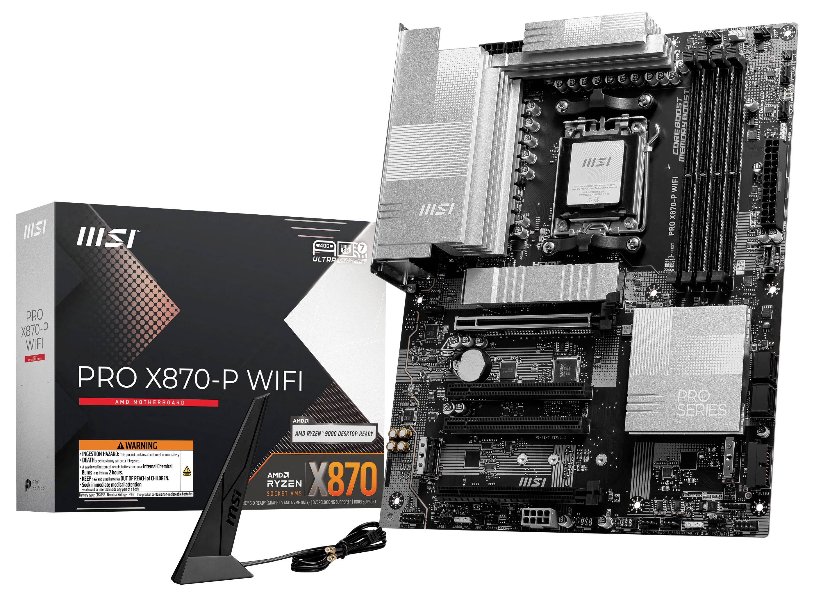 Carte mère et emballage de la marque MSI, modèle 'PRO X870-P WIFI'. Contient une antenne WiFi, un socket AM5, des emplacements PCIe.