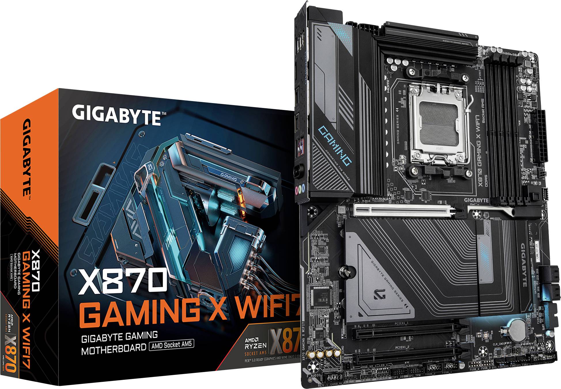 Carte mère Gigabyte X870 Gaming X WiFi, conçue pour les processeurs AMD Ryzen. Comprend des emplacements PCIe et des options de refroidissement avancées. Emballage en arrière-plan.