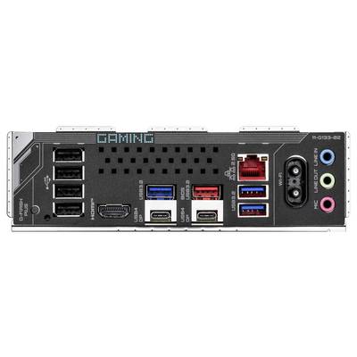 Dos d'une carte mère d'ordinateur avec les ports suivants : 4 USB 2.0, HDMI, 2 USB 3.0, 2 USB 3.1, 2 Ethernet, Wi-Fi, ports audio et DisplayPort.