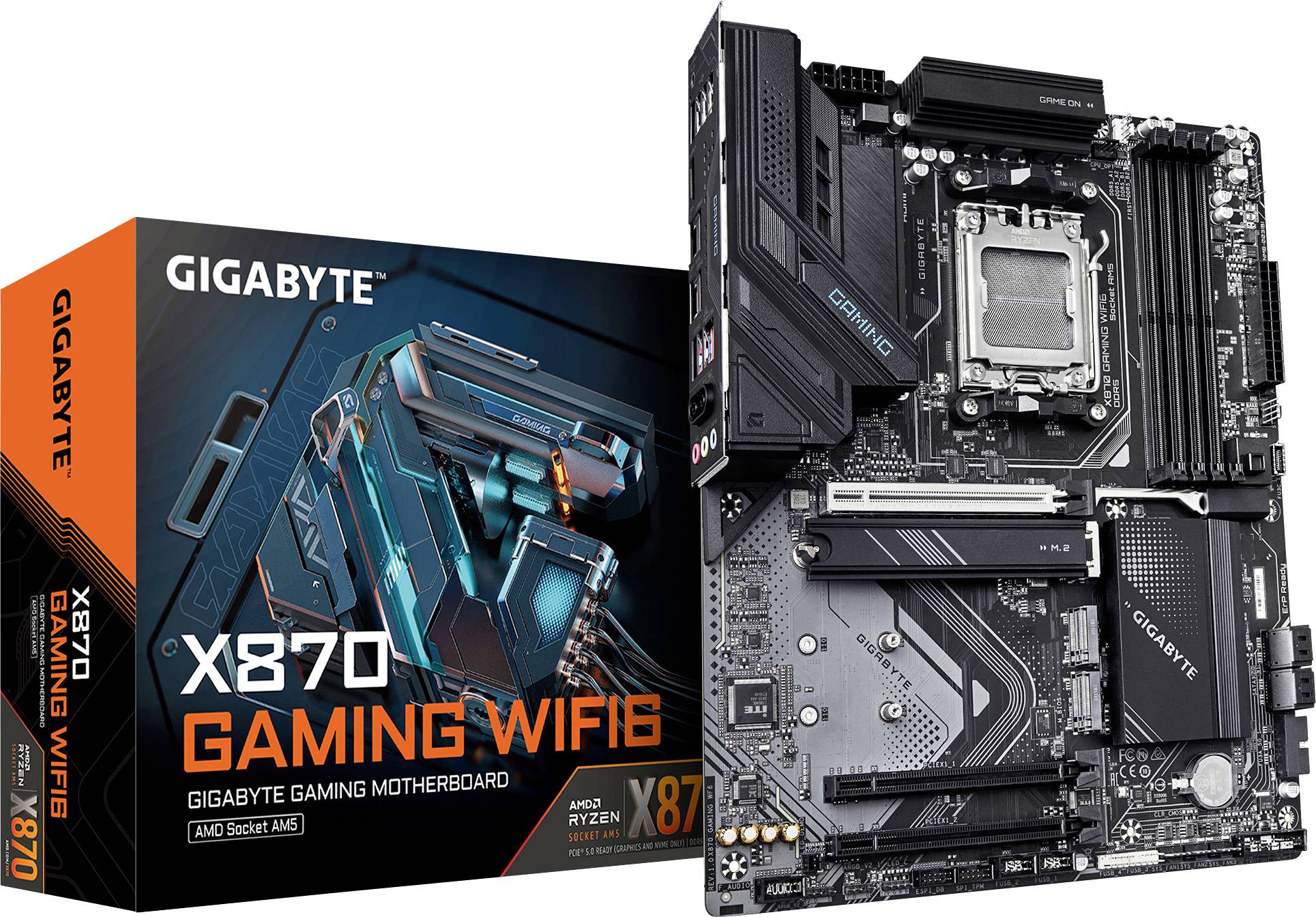 Carte mère Gigabyte X870 Gaming WiFi6 à côté de son emballage. Compatible avec les processeurs AMD Ryzen, offrant une architecture de refroidissement avancée et le Wi-Fi 6.