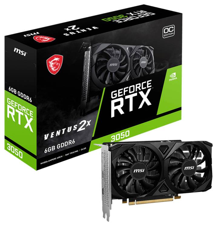 Une carte graphique GeForce RTX 3050 de MSI présentée avec son emballage. La carte dispose de 6 Go de mémoire GDDR6 et de deux ventilateurs.