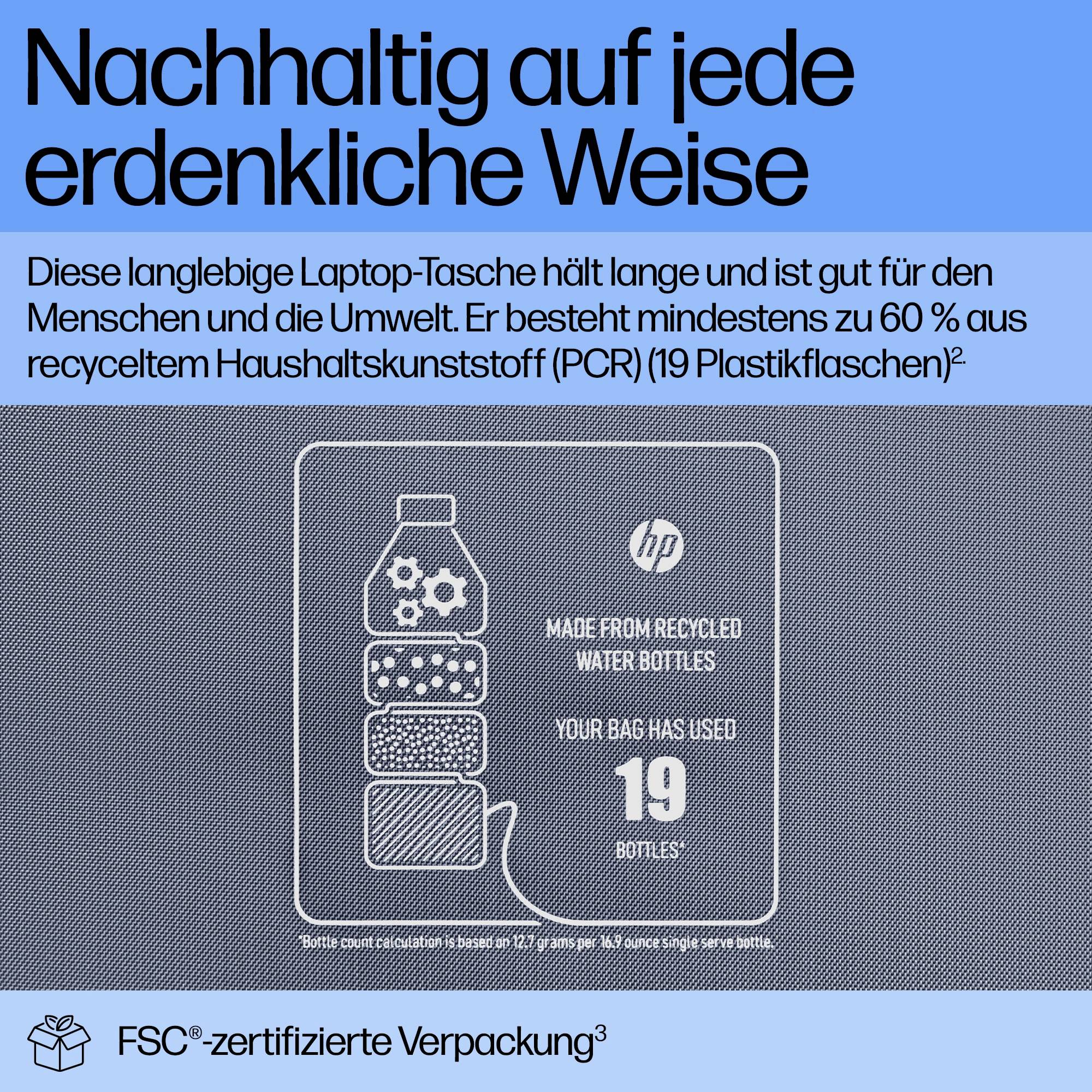 « Durablement de toutes les manières possibles » présente un graphique d'un sac pour ordinateur portable fabriqué à partir de bouteilles d'eau recyclées. Indication d'une production respectueuse de l'environnement et certification FSC.