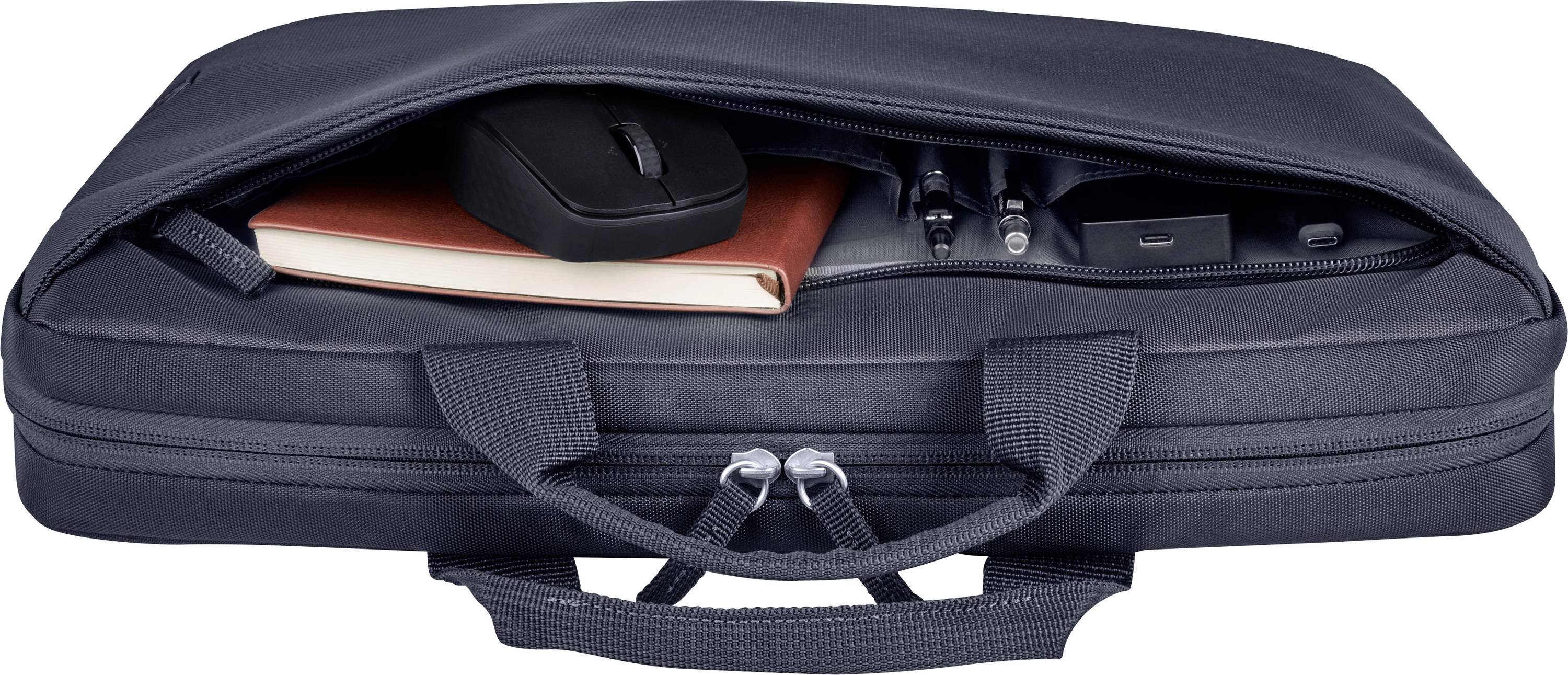 Sacoche d'ordinateur portable ouverte, montrant une souris, un carnet rouge, des stylos et un chargeur. Idéal pour le bureau ou les déplacements.